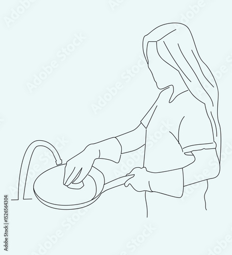 line art Woman with gloves and an apron smiles brightly as she washes dishes under running water at the sink.
