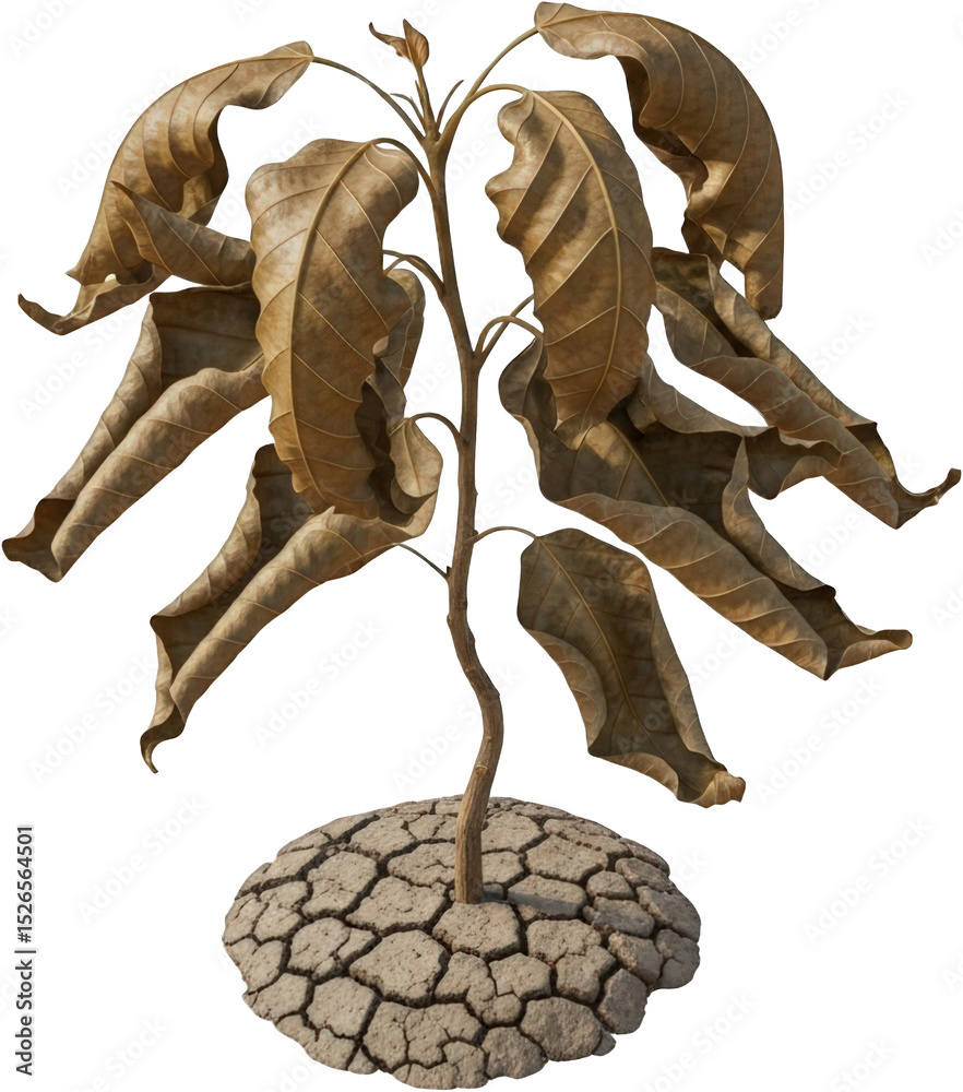 Fototapeta premium Withered Plant in Dry Cracked Earth Drought Arid Climate Botany Ecology Image