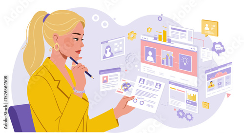 Woman analyzing data and profiles online, a digital age professional review