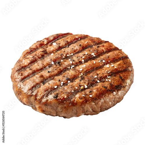 Sizzling grilled burger patty, perfectly seasoned with sea salt and pepper. Deliciously browned, juicy, and ready to be devoured in a mouthwatering burger.