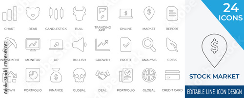 A modern line icon set featuring bull, bear, candlestick charts, and stock market trends. Perfect for trading apps, finance platforms, and investment dashboards.
