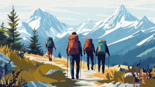 Group of Hikers Trekking Through Mountain Landscape Surrounded by Trees and Snow-Capped Peaks Under Clear Sky