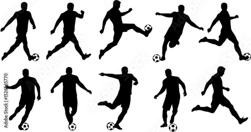 Vector set silhouettes of Soccer player kicking ball, abstract isolated vector silhouette, footballer logo
