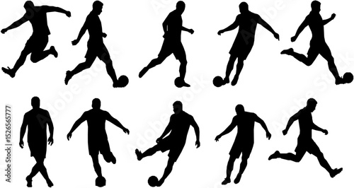 Vector set silhouettes of Soccer player kicking ball, abstract isolated vector silhouette, footballer logo
