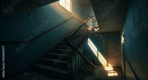 Decaying staircase bathed in light