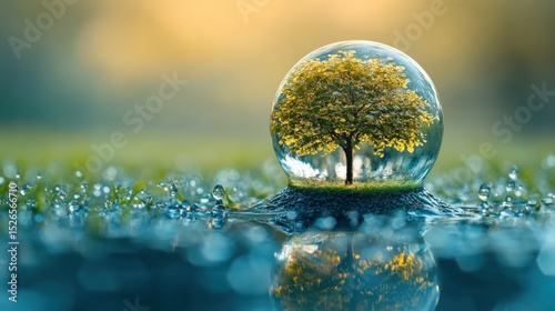 A clear sphere, a miniature tree, rests on a small, dark base in a puddle of water. Dew drops on the surrounding grass. Soft, warm light