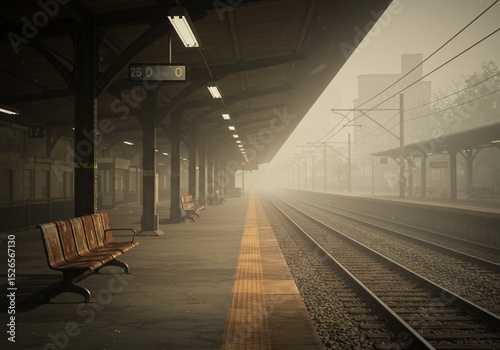 Misty train station platform on a hazy day