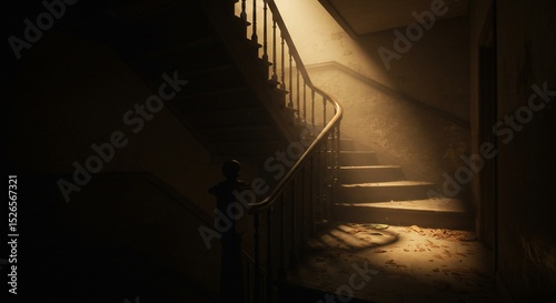 Ominous stairway bathed in eerie glow