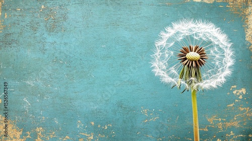 Vintage shabby chic style background with a single dandelion on a turquoise blue grunge texture,  Vintage card with copy space