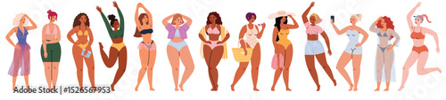 Collection of diverse happy resting women on the beach in swimsuits, healthy body. Flat vector illustration isolated on white background.