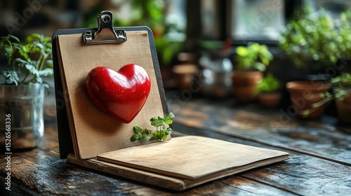 A red heart rests on a wooden clipboard, surrounded by greenery