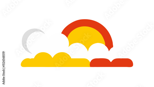 Abstract sun and clouds in flat design with red and yellow colors  