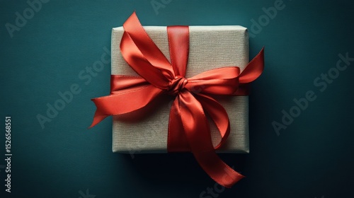 Square gift box with a vibrant red ribbon bow, centered on a teal background