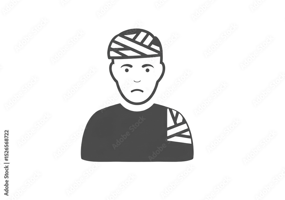 Illustration of a person with bandages on their head and shoulder looking sad and injured Illustration of a person with bandages on their head and shoulder looking sad and injured