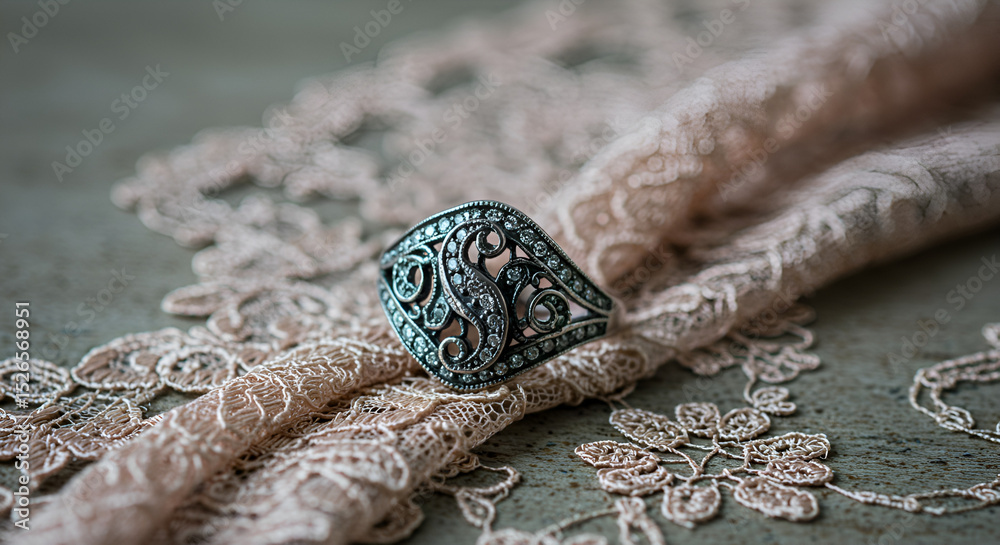Fototapeta premium Ornate ring on lace