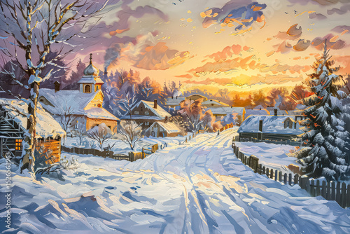 Painting of a snowy landscape with a church in the background