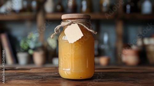 Amber liquid in a glass jar, rustic tag, wooden table, blurred background
