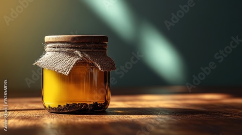 Amber glass jar with wooden lid, natural burlap wrap,  dark brown wooden surface.  Sunlight casts shadows
