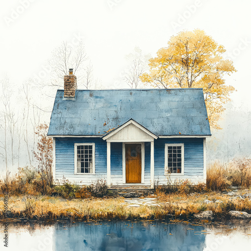 Blue house with a chimney sits on a lot with a pond in front of it