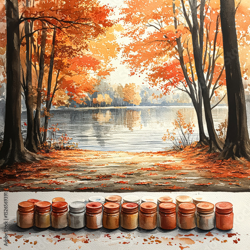 Painting of a forest with a lake in the background