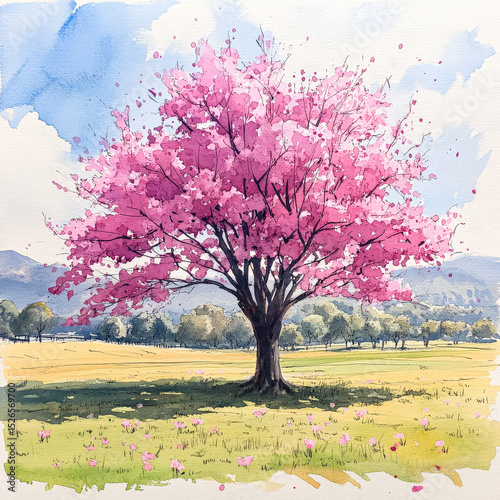 Large pink tree stands in a field with a clear blue sky above
