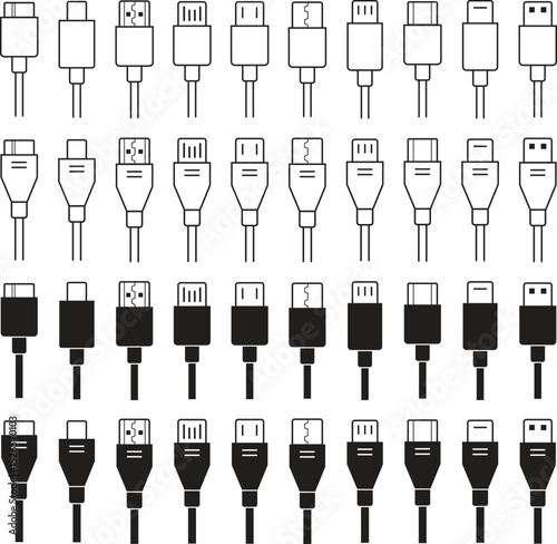 USB cable connector icon set. USB type C, A lightning and micro usb phone charger vector collection isolated transparent. Plug adapter symbol. Electronic device connector. Smartphone charger signs.