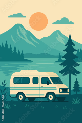 Retro Camper Van at Lakeside Mountain Retreat Vector Illustration