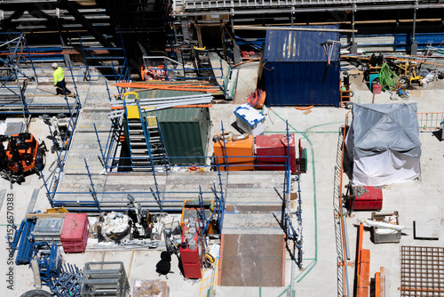 Overhead view of a construction site with construction worker photo
