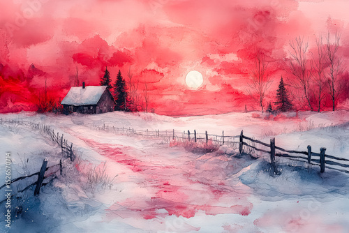 Painting of a snowy landscape with a house and a fence