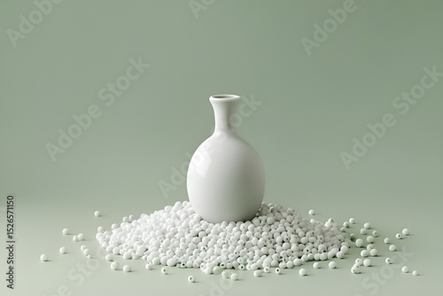 Minimalist White Vase on Beads with Pastel Green Background – Photorealistic Decor Scene