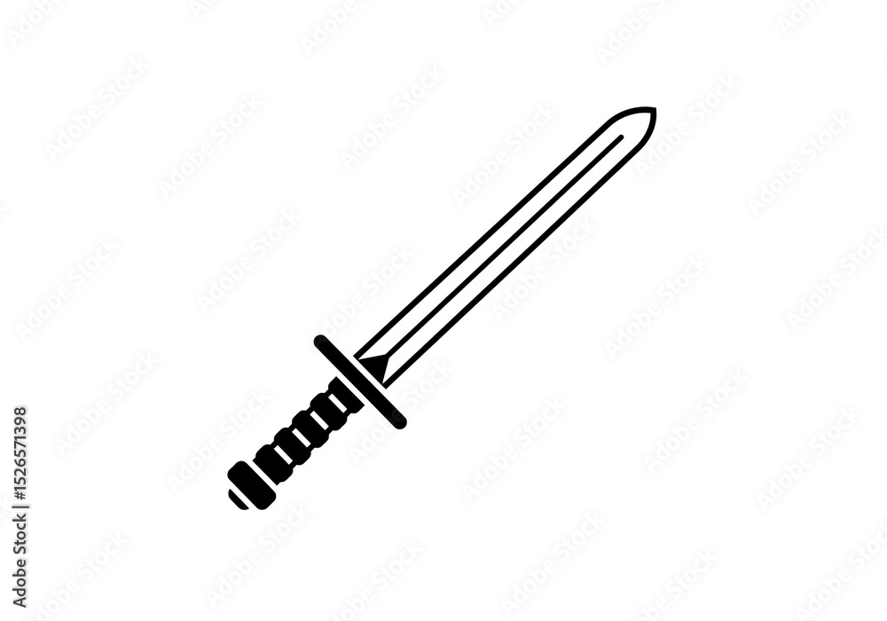 A black and white illustration of a sword with a detailed handle on a plain white background A black and white illustration of a sword with a detailed handle on a plain white background