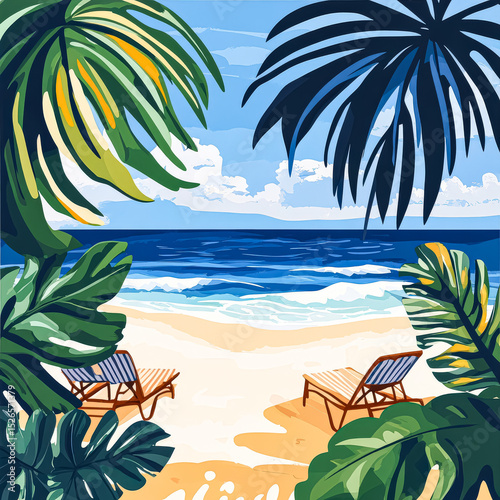 Painting of a beach with palm trees and two lounge chairs