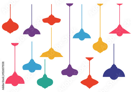 Collection of colorful pendant lights hanging from the ceiling in a random arrangement style design