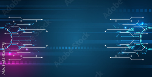 Futuristic technology background with abstract line patterns and glowing blue and purple squares and highlights. Represents data flow, digital networks and advanced communication systems.