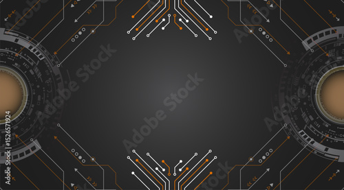 An abstract high-tech background with elements of microchips, circular interfaces and connection lines. The center is empty, making the image ideal for placing text.