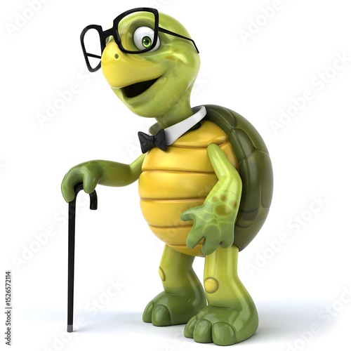 An elderly, cartoon turtle wearing glasses, a bow tie, and holding a cane with a white background.