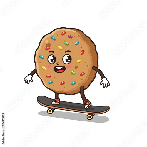 A cartoon cookie character with sprinkles is skateboarding, showing a playful and active animated scene.