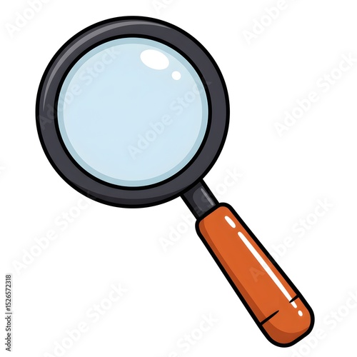 Illustration of a magnifying glass with a black rim and handle, used for research and close inspection.