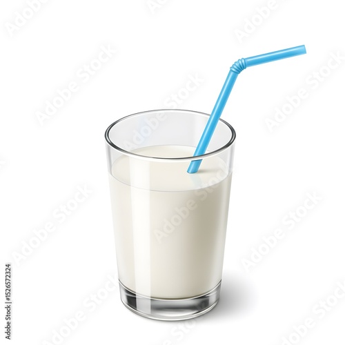A glass of milk with a blue straw for a refreshing drink, a healthy choice for any time of the day.