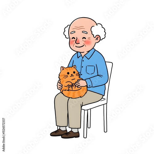 An elderly man sitting on a chair, holding a fluffy, orange tabby cat in his lap, smiling gently.
