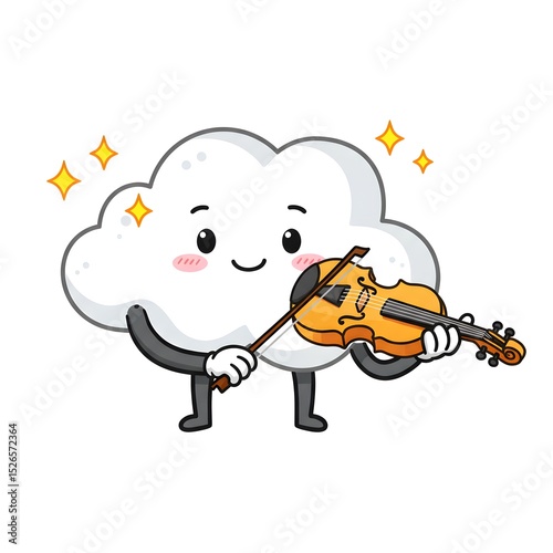 Cartoon cloud plays a golden violin, emanating sparkling charm, set against a pristine white background.