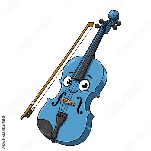 Cartoon of a happy blue violin with a bow, showcasing musical instruments and whimsical character design.