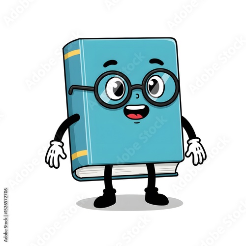 Cartoon book character with glasses, arms, legs and a smile stands cheerfully, ready to share knowledge.
