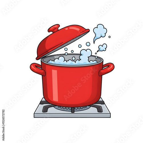 Red pot on stove, partially open, boiling water inside with steam rising, showcasing cooking and kitchen