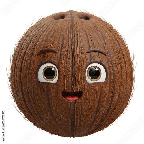 A cute coconut character with big eyes and a cheerful smile stands out against a clean white background.