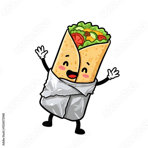 Playful cartoon burrito with a cheerful expression, arms raised in celebration, isolated on white background.
