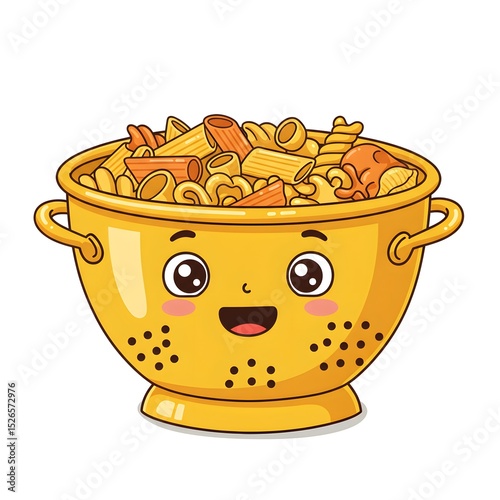 Cute pasta colander character filled with noodles, perfect for food-themed illustrations.