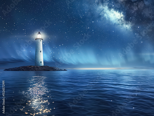 Lighthouse is lit up in the dark ocean