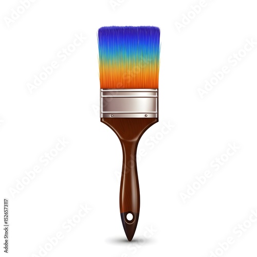 A paintbrush with blue and orange gradient bristles and a polished wood handle, standing upright.
