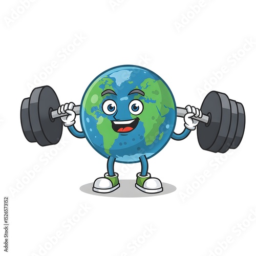 A cartoon globe character is lifting weights with a cheerful expression on a white background.